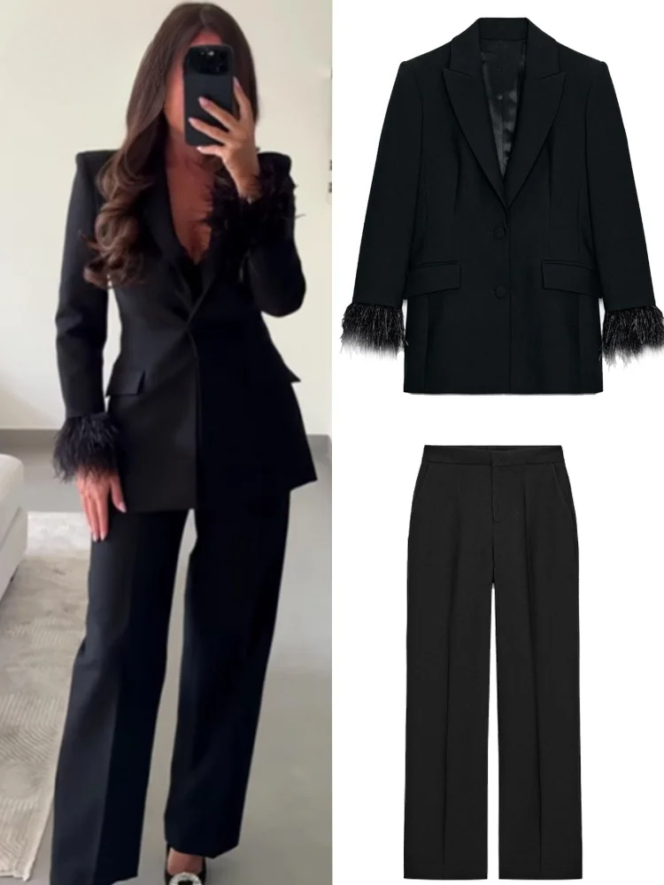 Elegant Feather Blazer Pants S - Shoulder Pad Set In recension och pris